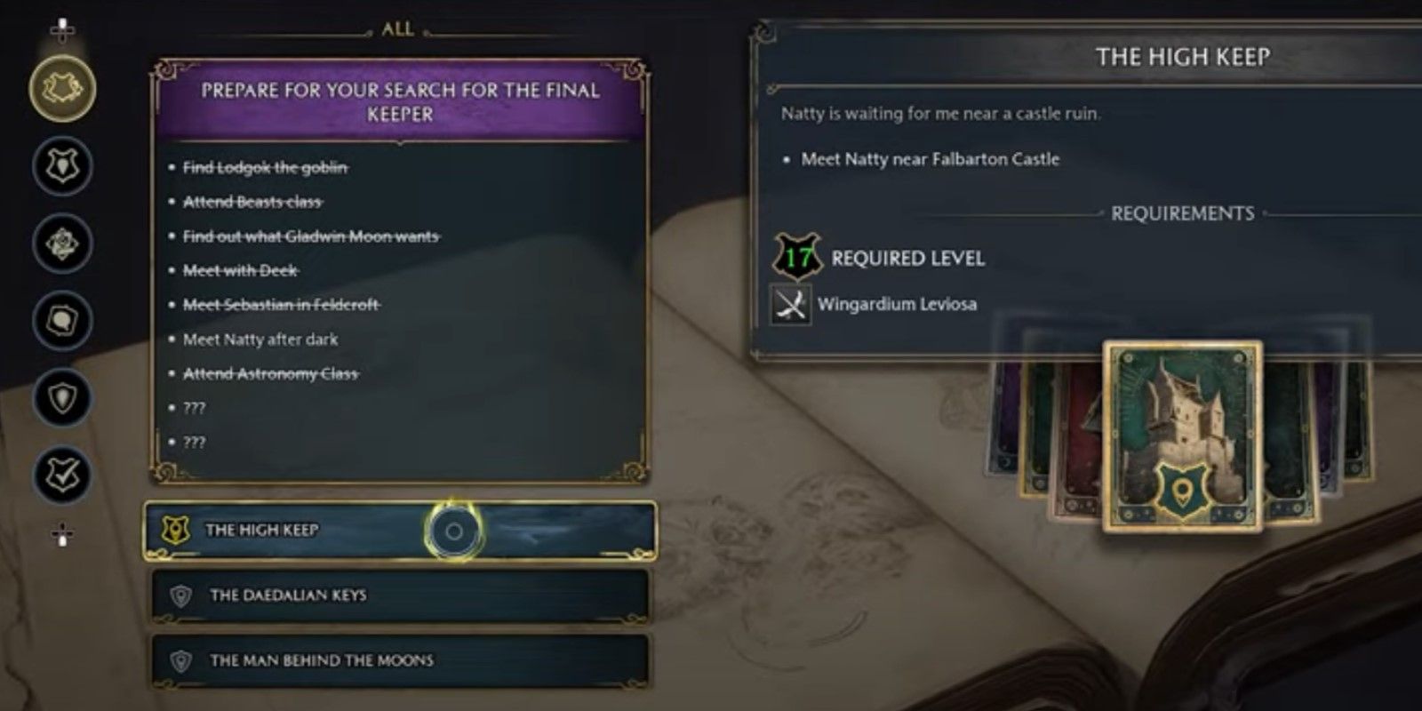 The Hogwarts Legacy character is showing the High Keep quest criteria.