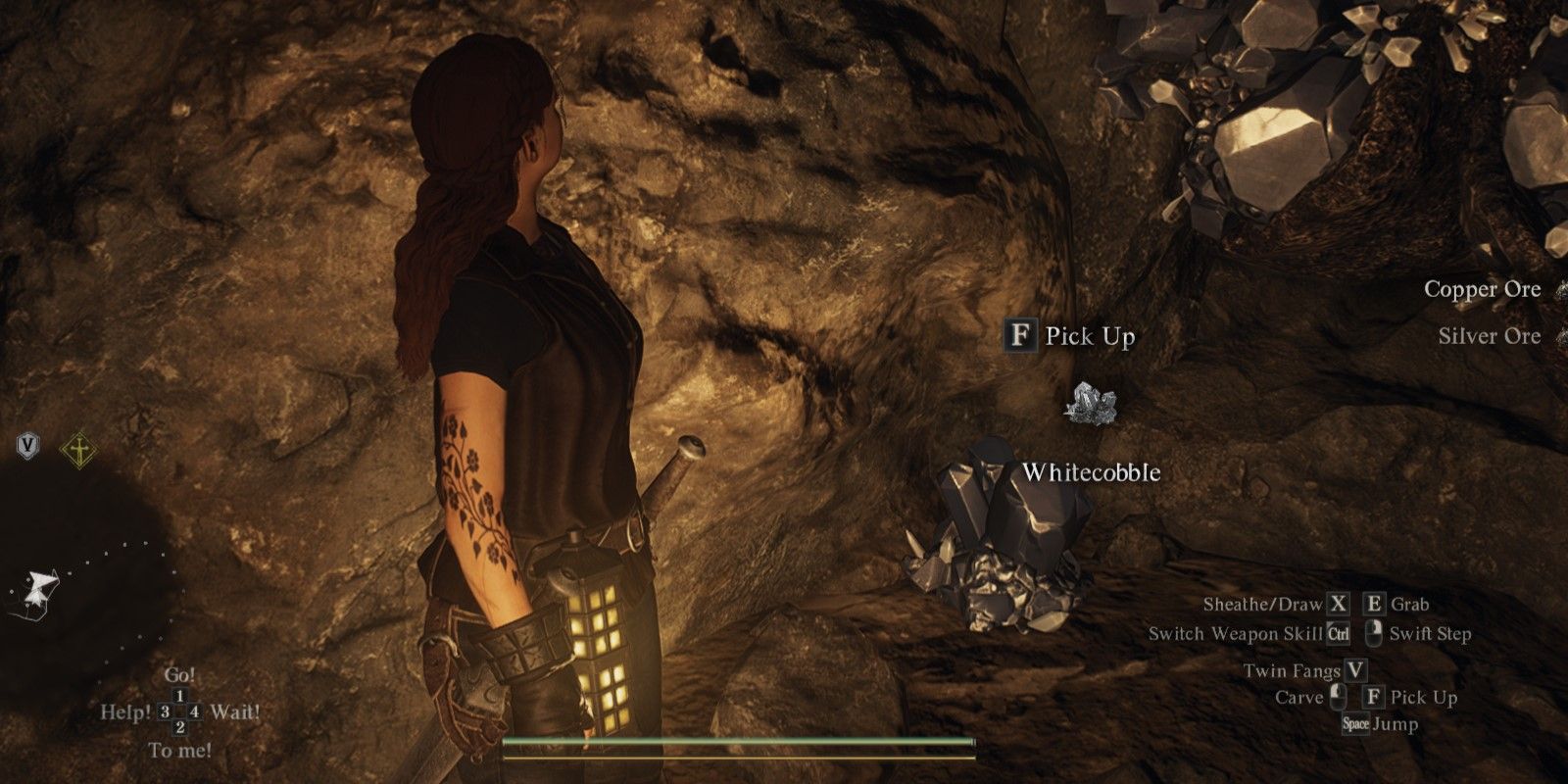 The Dragon's Dogma 2 character is about to pick up some Whitecobble, a rare ore.