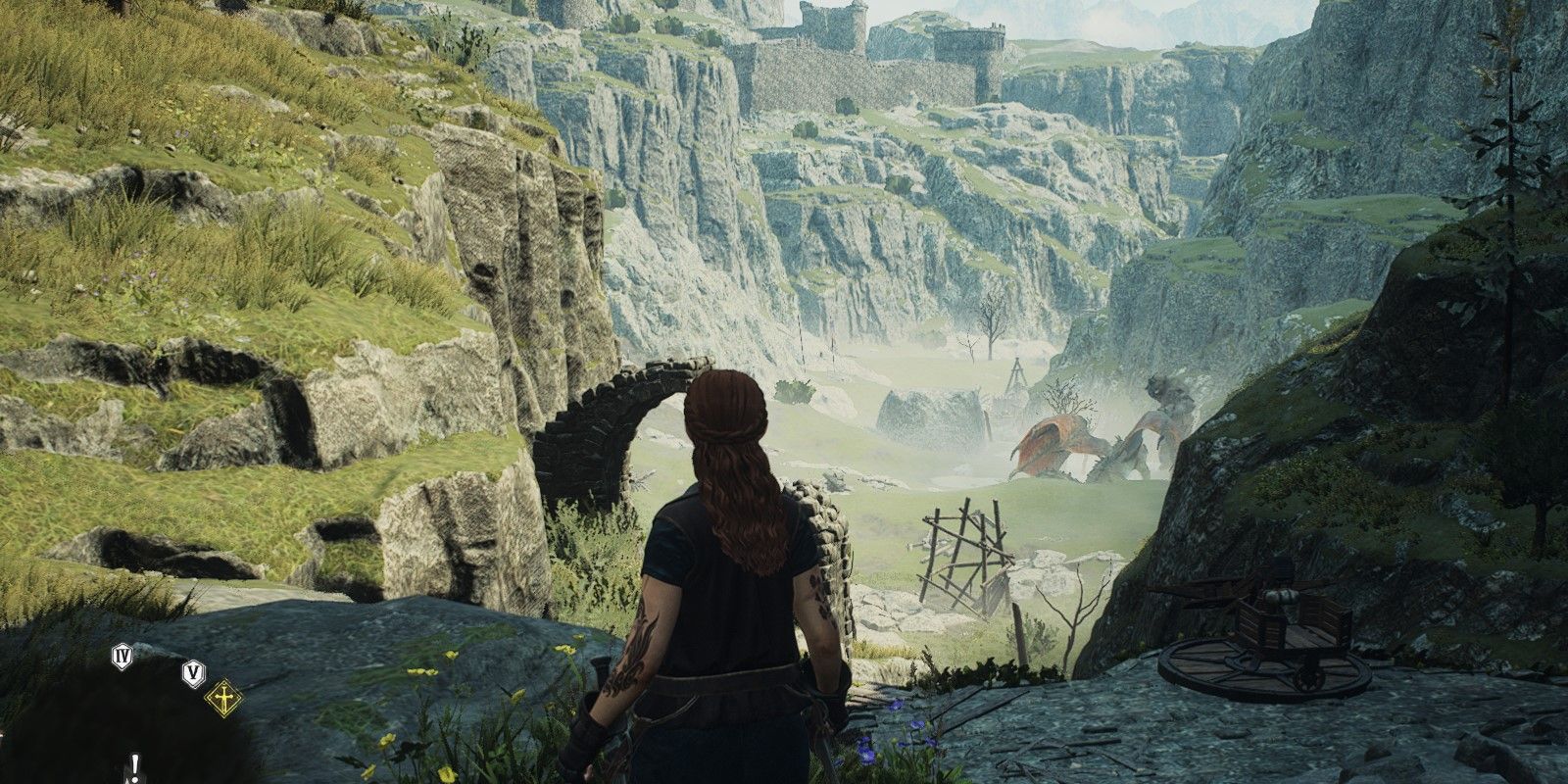 The Dragon's Dogma 2 character is overlooking the Ancient Battleground, watching a Dragon and Cyclops fight.
