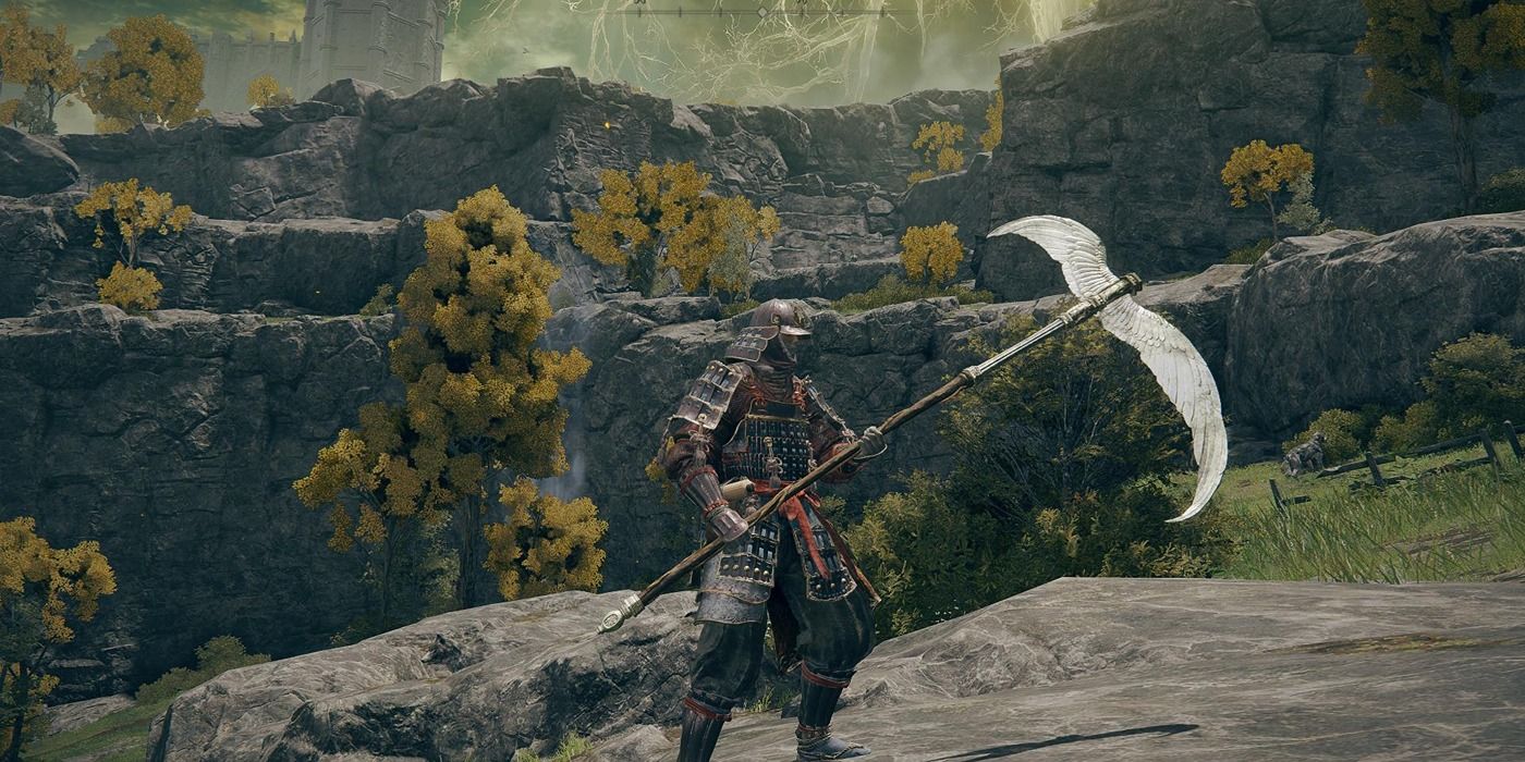 Character wielding the Winged Scythe in Elden Ring