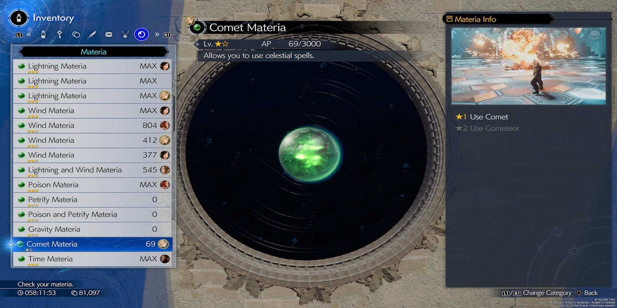 The Comet Materia In The Menu 