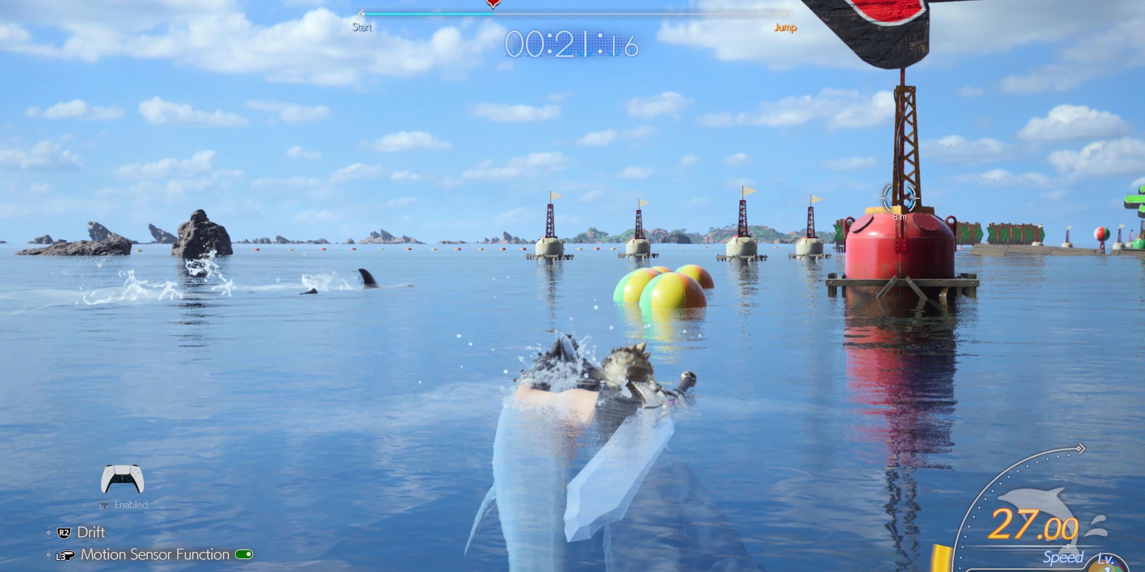 Cloud rides a dolphin in Final Fantasy 7 Rebirth