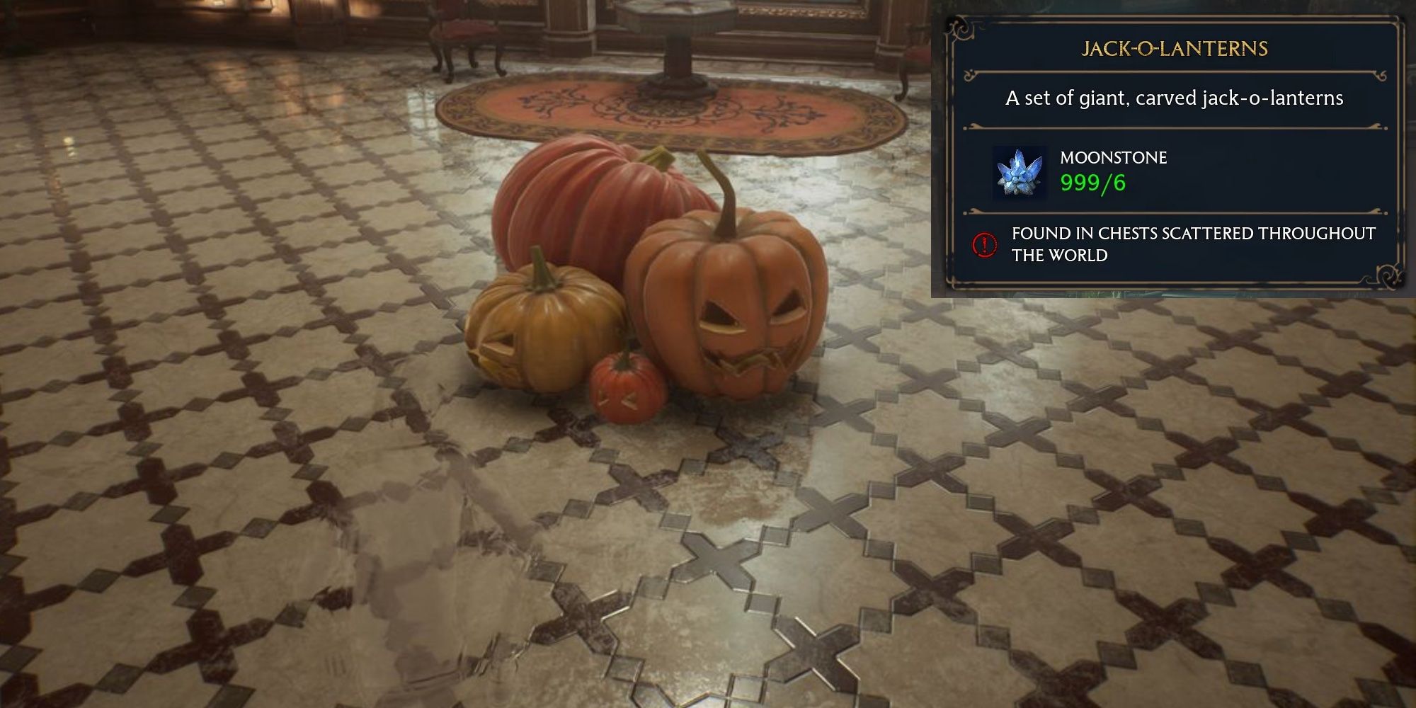 4 carved pumpkins on the floor of the requirement room