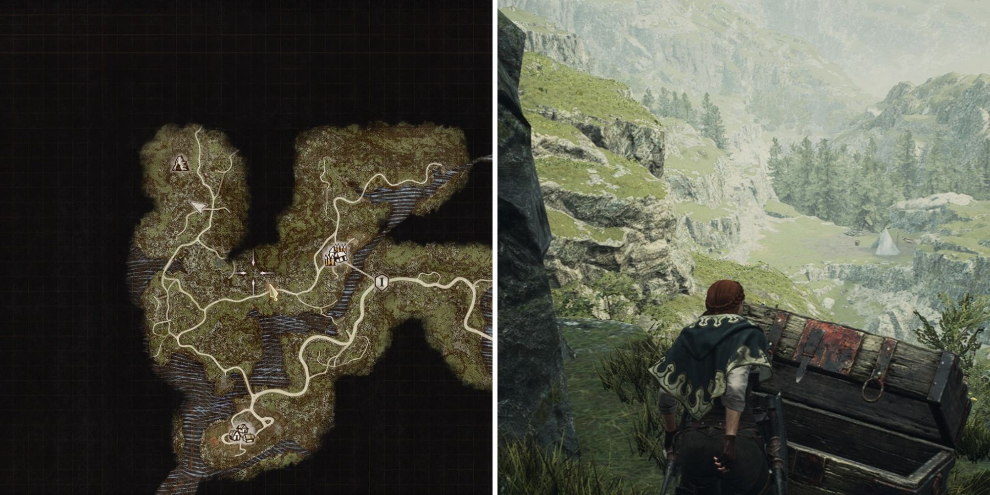 The Dragon's Dogma 2 character found a chest containing a Panacea curative and is displaying their location on the map.