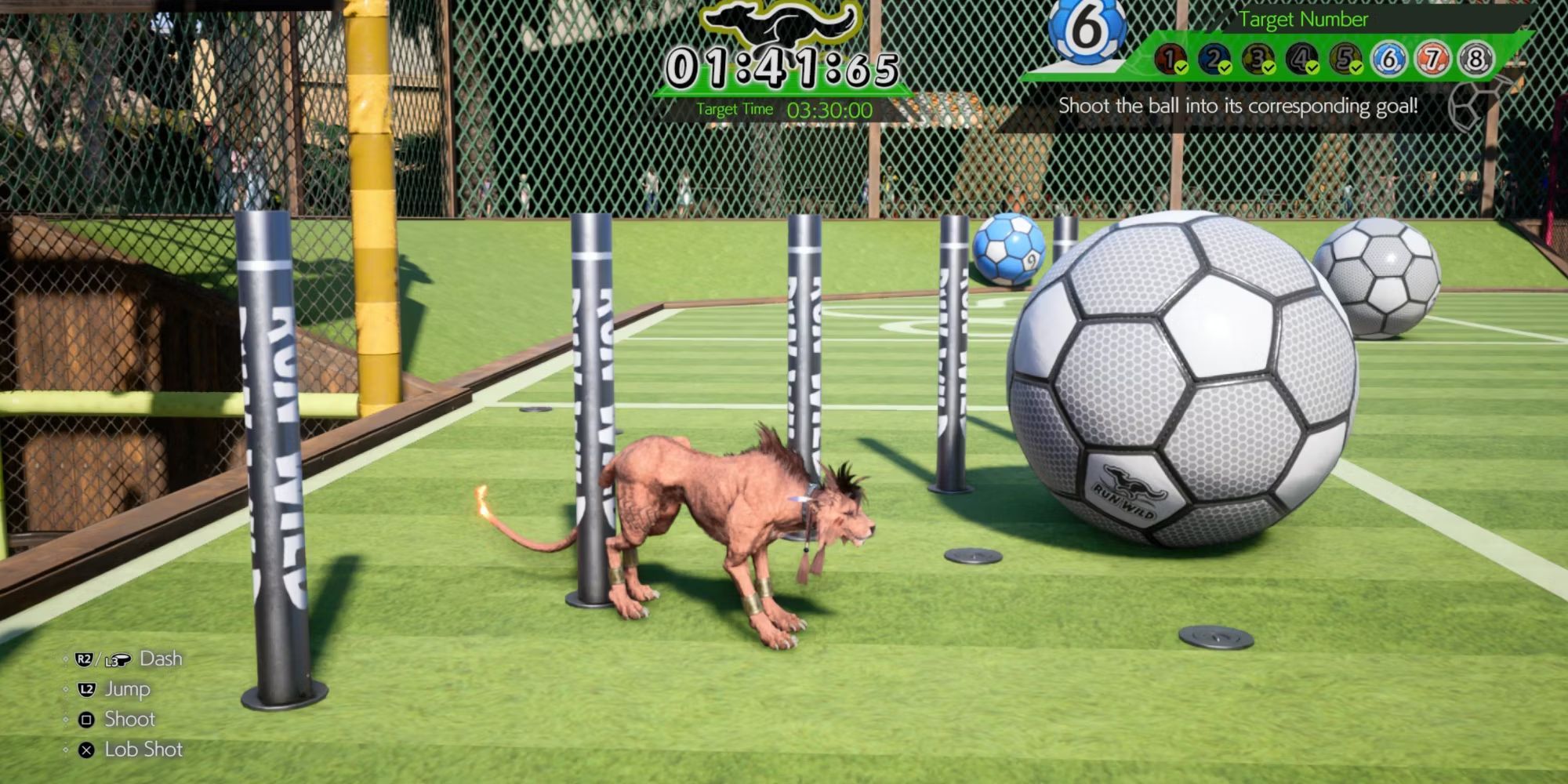 Screenshot from Final Fantasy 7 Rebirth with Red XIII standing on a football pitch with large balls in the background.