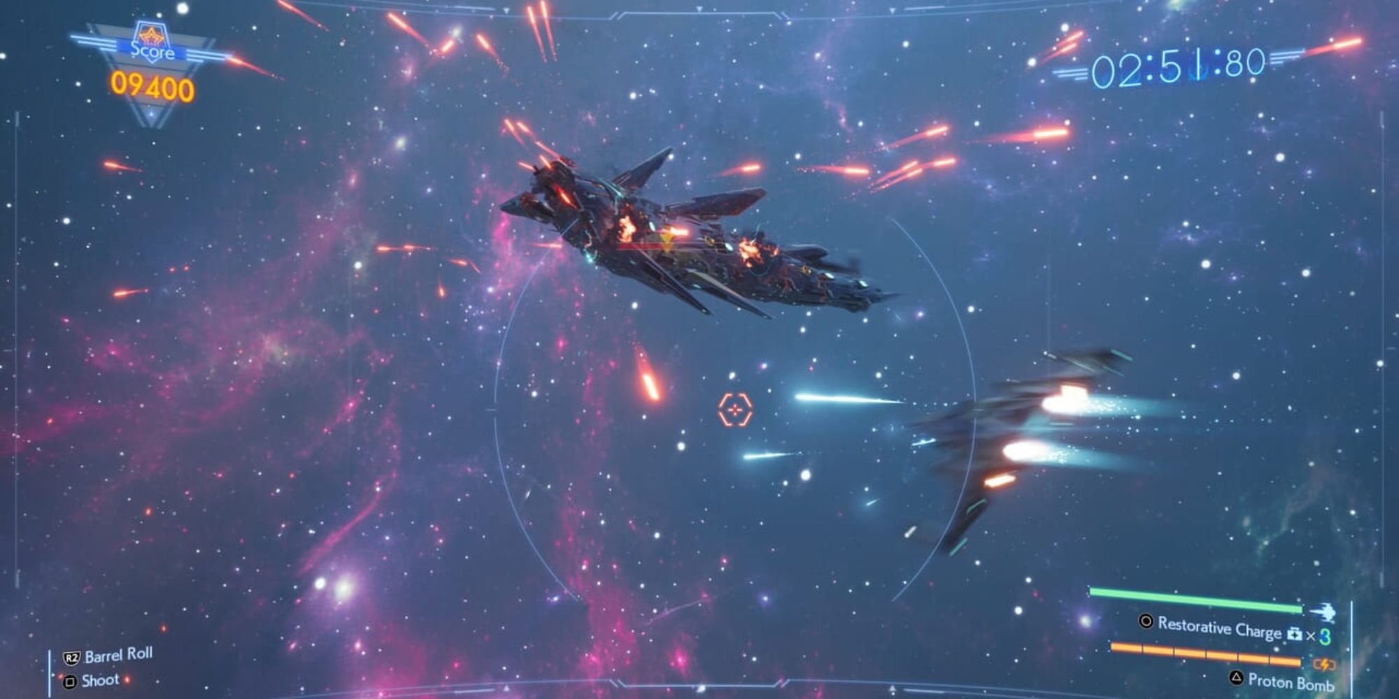 Screenshot from Final Fantasy 7 Rebirth of the Galactic Saviors game set in space with crafts firing at each other.
