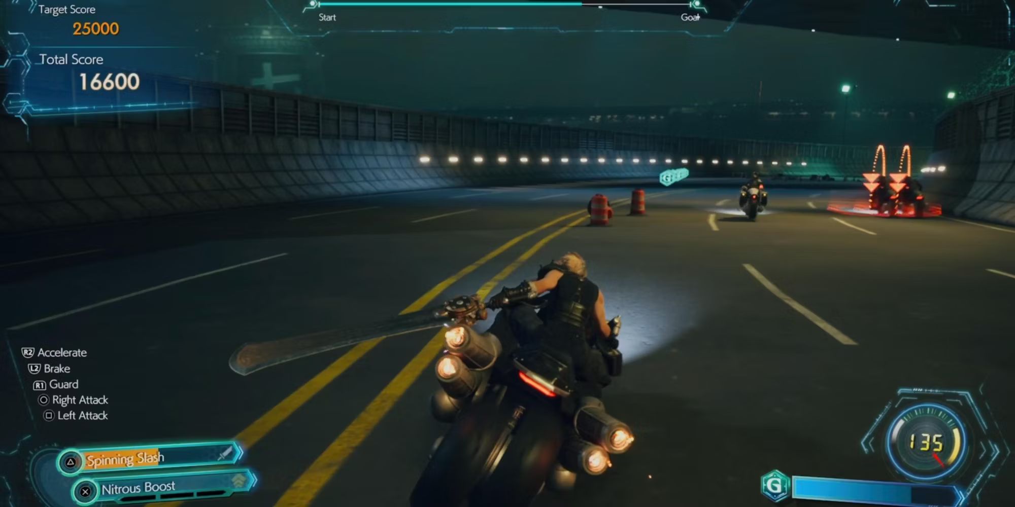 Screenshot from Final Fantasy 7 Rebirth of Cloud riding a motocycle on the highway within the G-Bike mini-game.