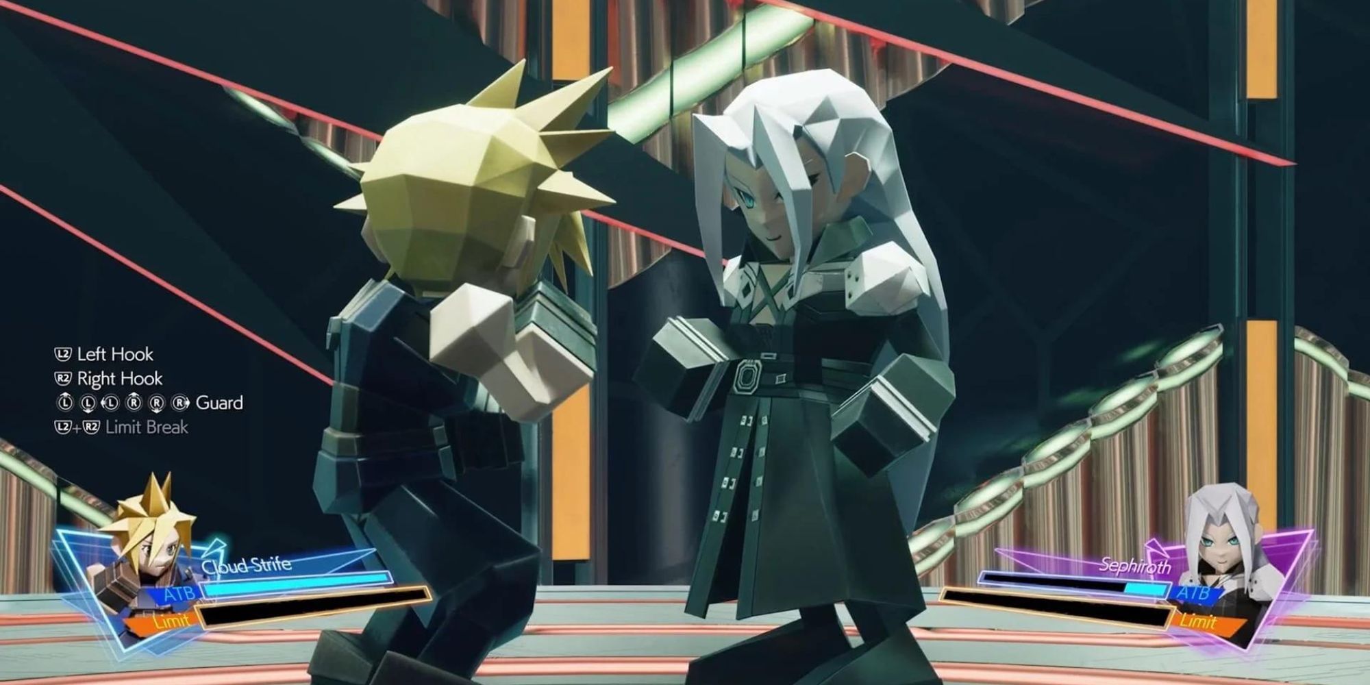 Screenshot from Final Fantasy 7 Rebirth of Polygon figures of Cloud and Sephiroth have a boxing match.