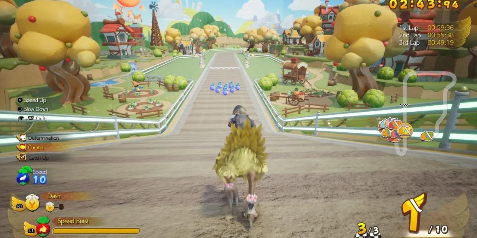 Screenshot from Final Fantasy 7 Rebirth of Cloud riding a Chocobo through a dusty track.