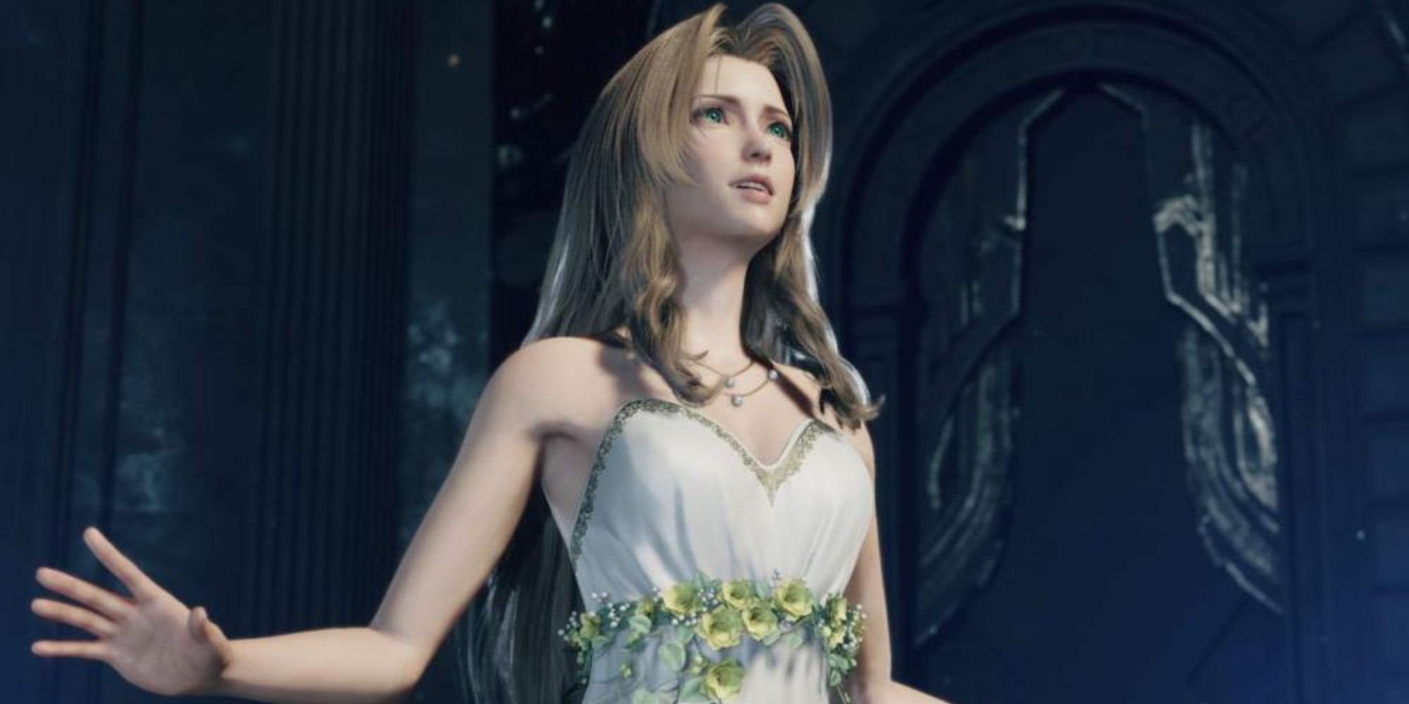 Screenshot from Final Fantasy 7 Rebirth of Aerith in white dress singing as part of the Loveless play.