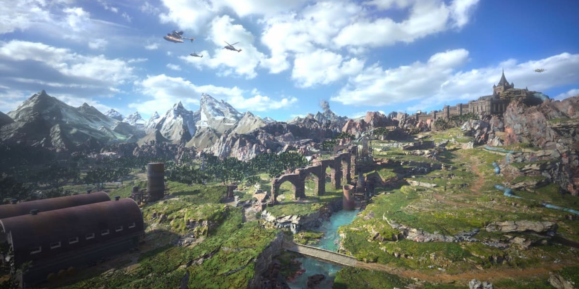 Still from Final Fantasy 7 Rebirth of The Grasslands region with grassy hills, mountains in the background and stone ruins.