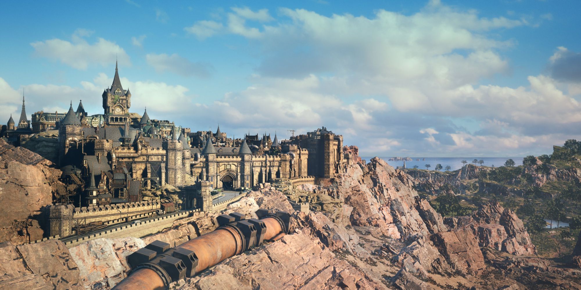 Still from Final Fantasy 7 Rebirth of the Kalm village situated on top of a rock with Eastern European architecture. 