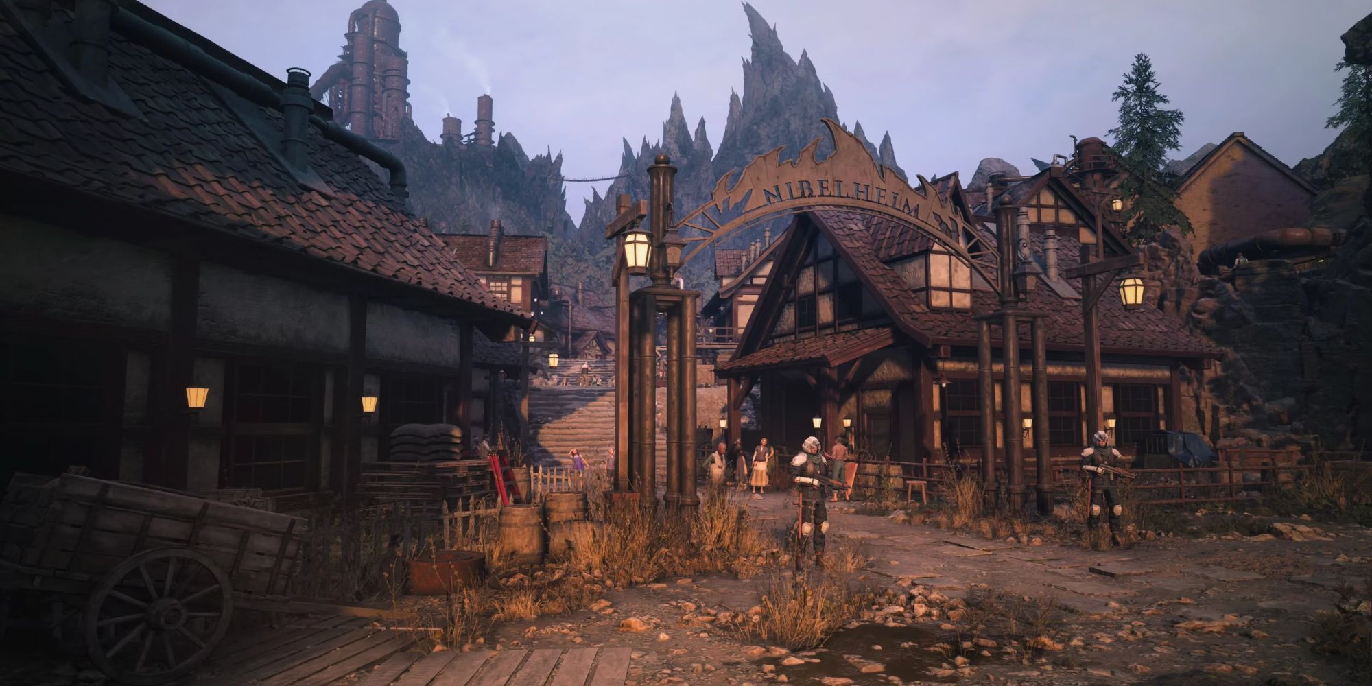 Screenshot from Final Fantasy 7 Rebirth of Nibelheim, showing a guard standing under the village sign with houses in the background.