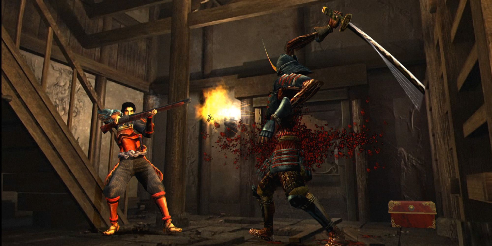 Screenshot from Onimusha: Warlords of the protagonist firing a gun against an armoured enemy.