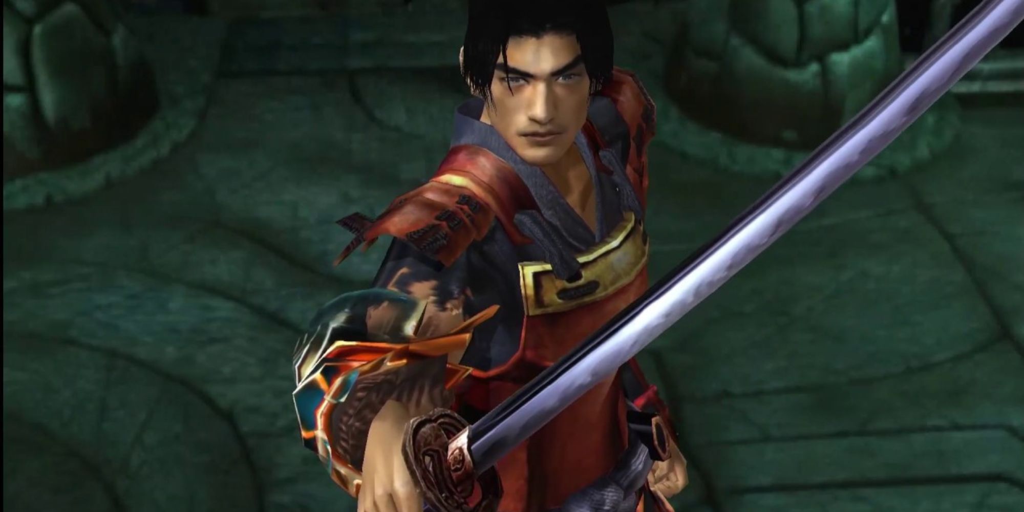 Screenshot from Onimusha: Warlords of the protagonist holding a katana in front of the camera.