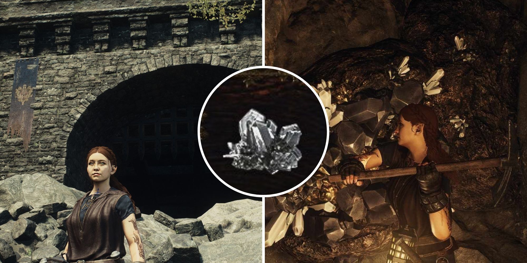 The Dragon's Dogma 2 character is mining in a cave for some rare Whitecobble.