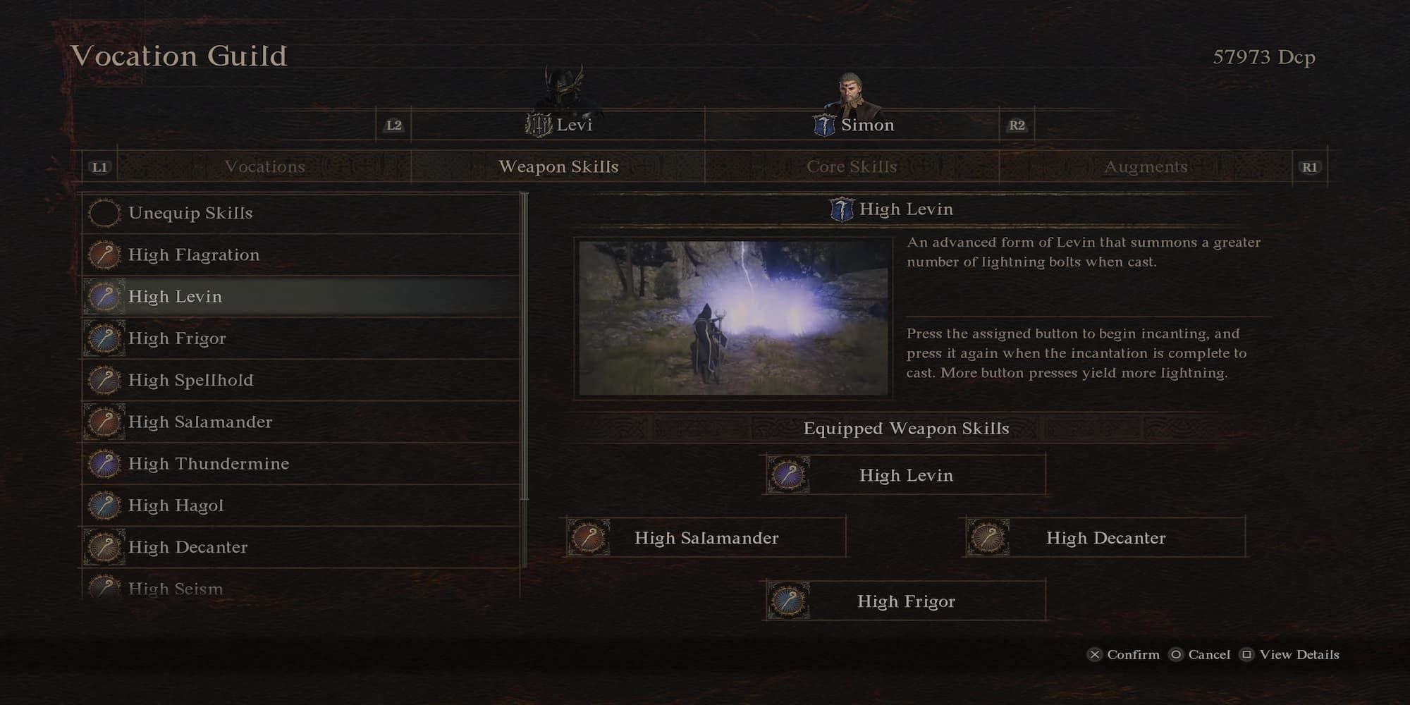 The High Levin Spell In The Skill Menu 