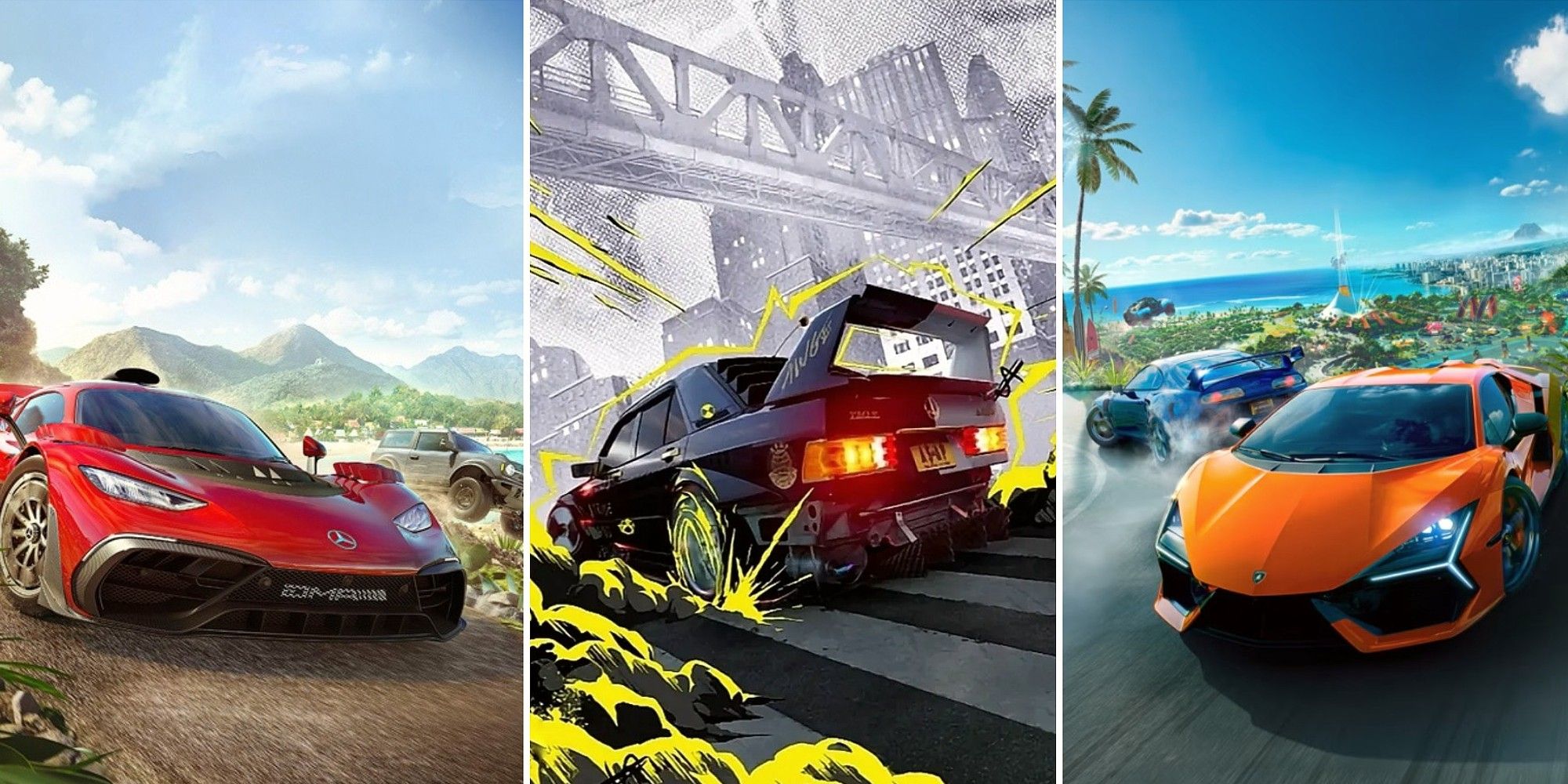 Arcade Racing Games Mash-Up including Forza Horizon 5, Need for Speed Unbound, and The Crew Motorfest