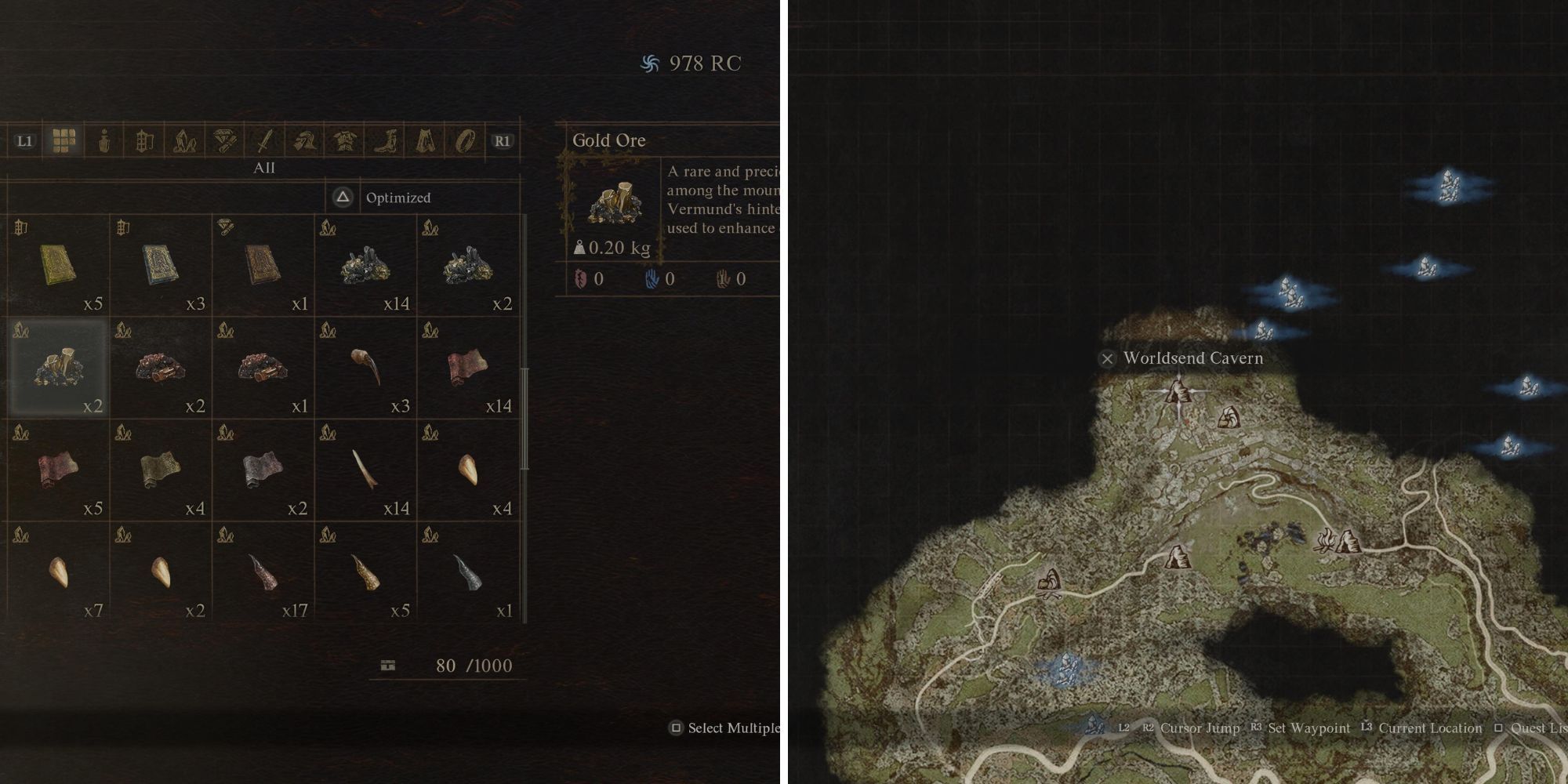 Gold Ore In The Menu & The Worldsend Cave Location On The Map 