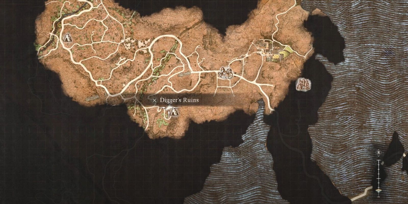 The Dragon's Dogma 2 character is showing the location of Digger's Ruins just southwest from Bakbatthal.