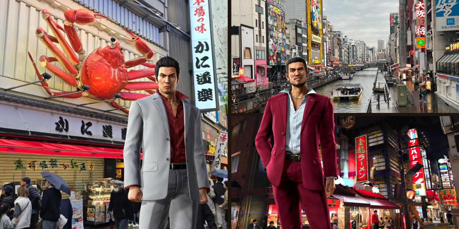 Three images of Japan, with Kazuma Kiryu and Ichiban Kasuga in front of them