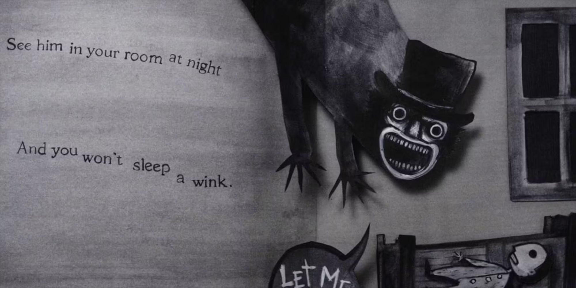 Still from the horror The Babadook of the creature swooping down to a child's bed in a black and white book.