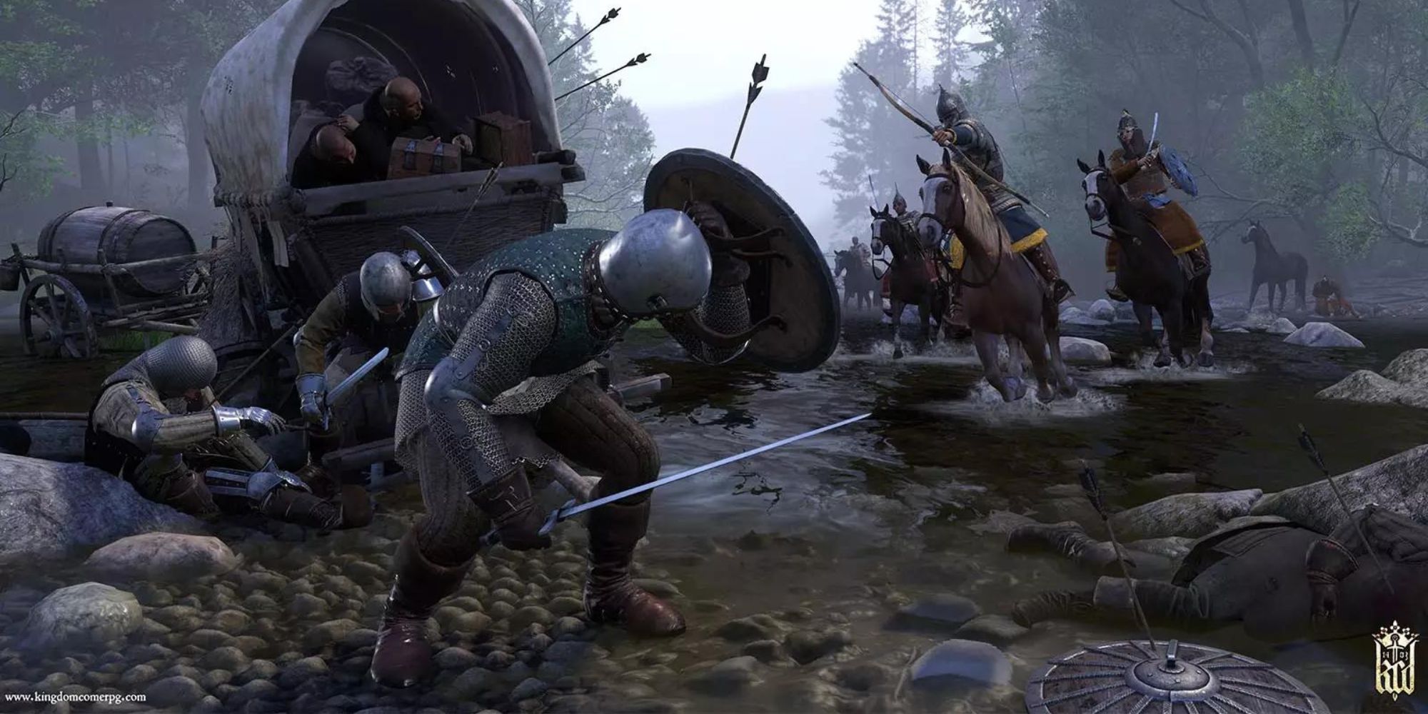 A battle scene from Kingdom Come: Deliverance taking place within a river.