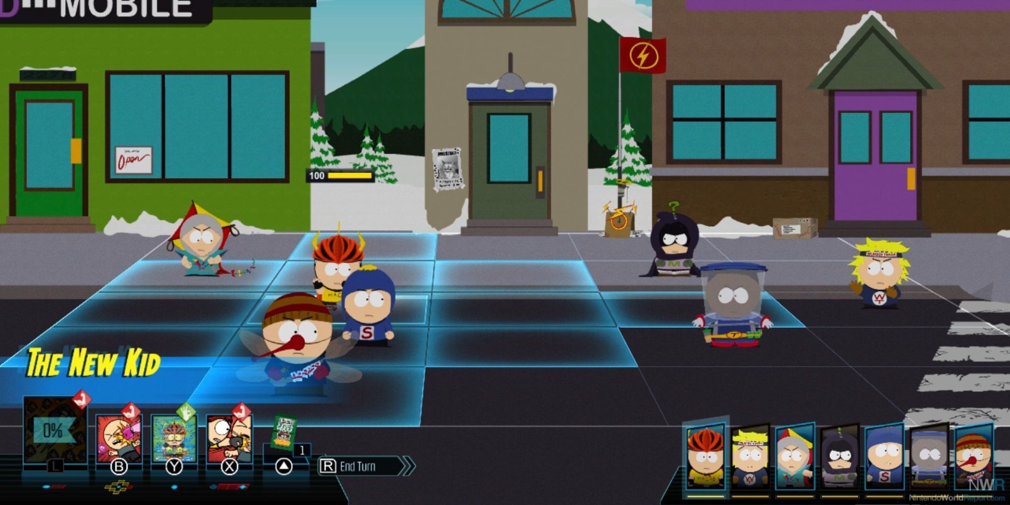 Still from South Park: The Fractured But Whole of characters dressed as superheroes in turn-based combat squares.