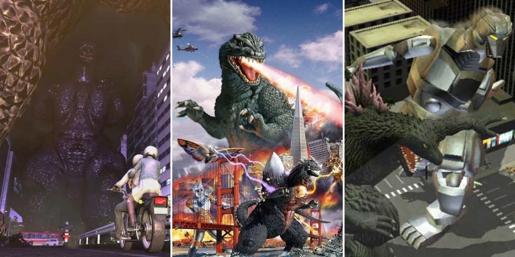 Split image of the Godzilla: Save the World cover art, a screenshot of Godzilla from City Shrouded in Shadow, and an image of Godzilla punching Mechagodzilla.