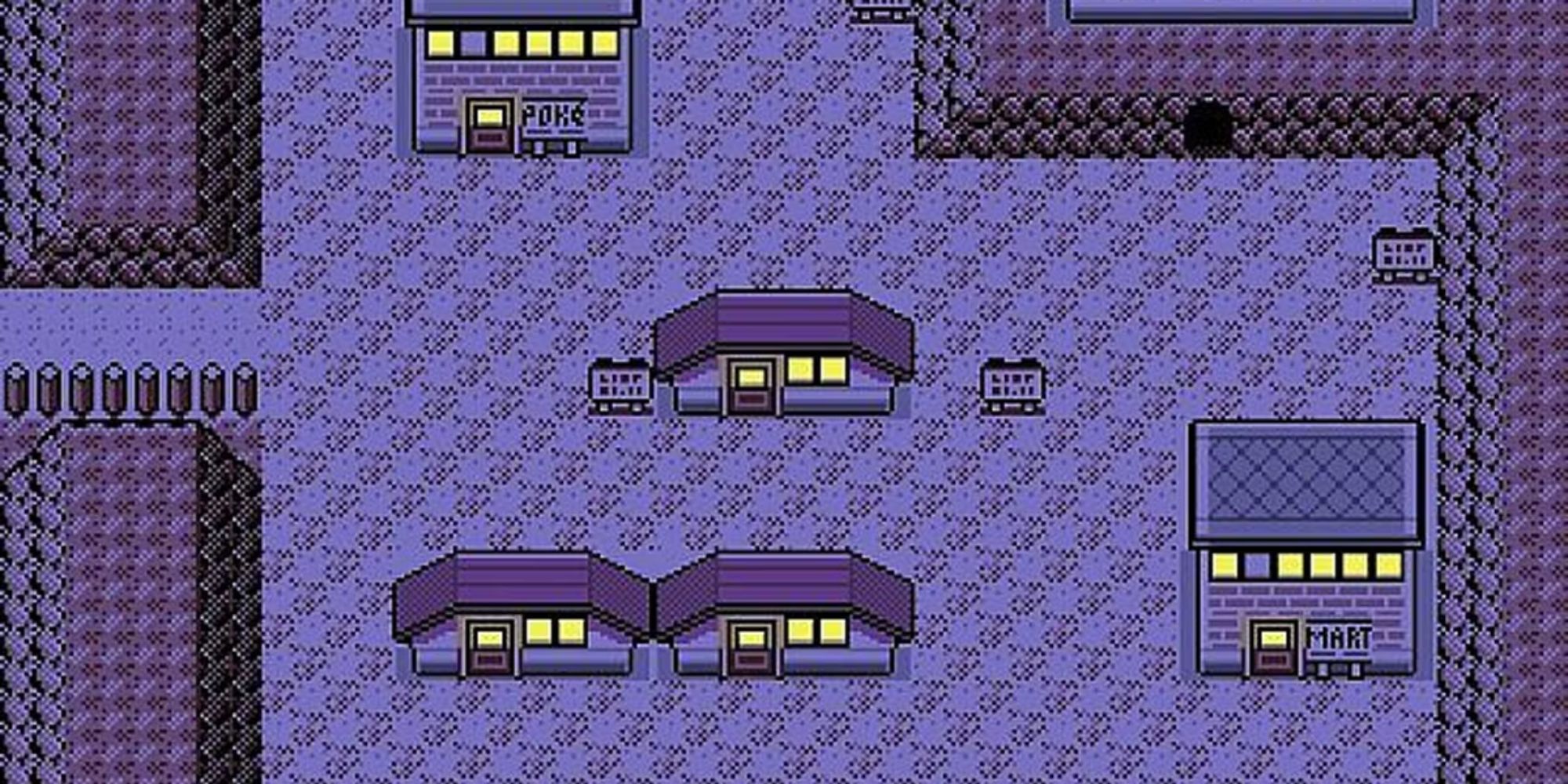 Still of the Lavender Town map from Pokemon Red and Blue in a purple hue.