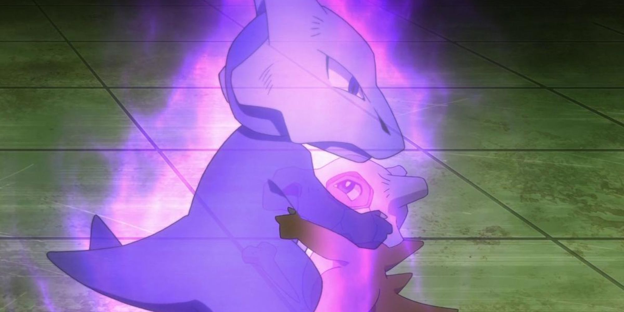 Still from the Pokemon animated series of Cubone hugging its ghostly mother Marowak,