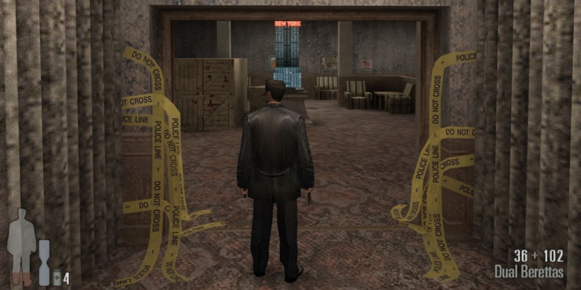 Screenshot from Max Payne of the protagonist standing in a hotel with police tape around.