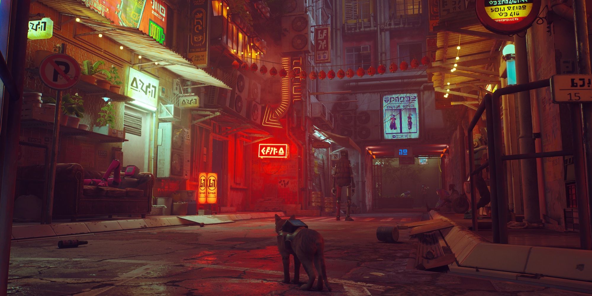 A cat in the middle of a dimly lit street, with a couple of neon signs in the distance