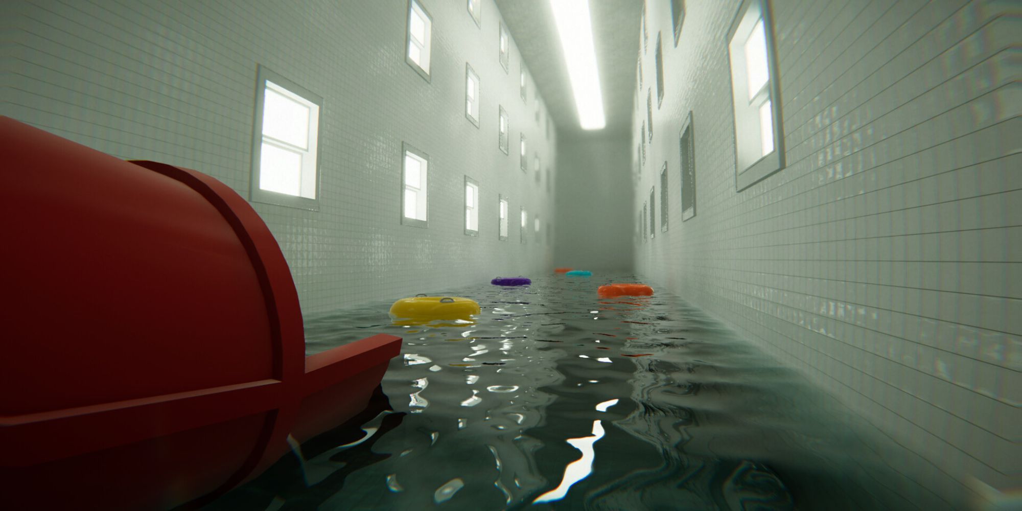 Still from Pools of a red slide going into a swimming pool with rubber rings and windows on the side.