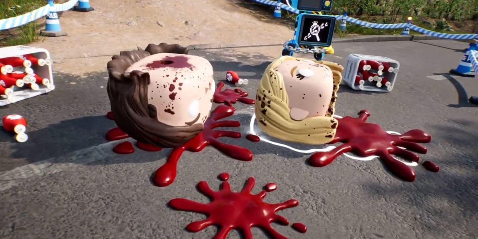 Still from Funko Fusion showing decapitated figures lying on a bloody road.