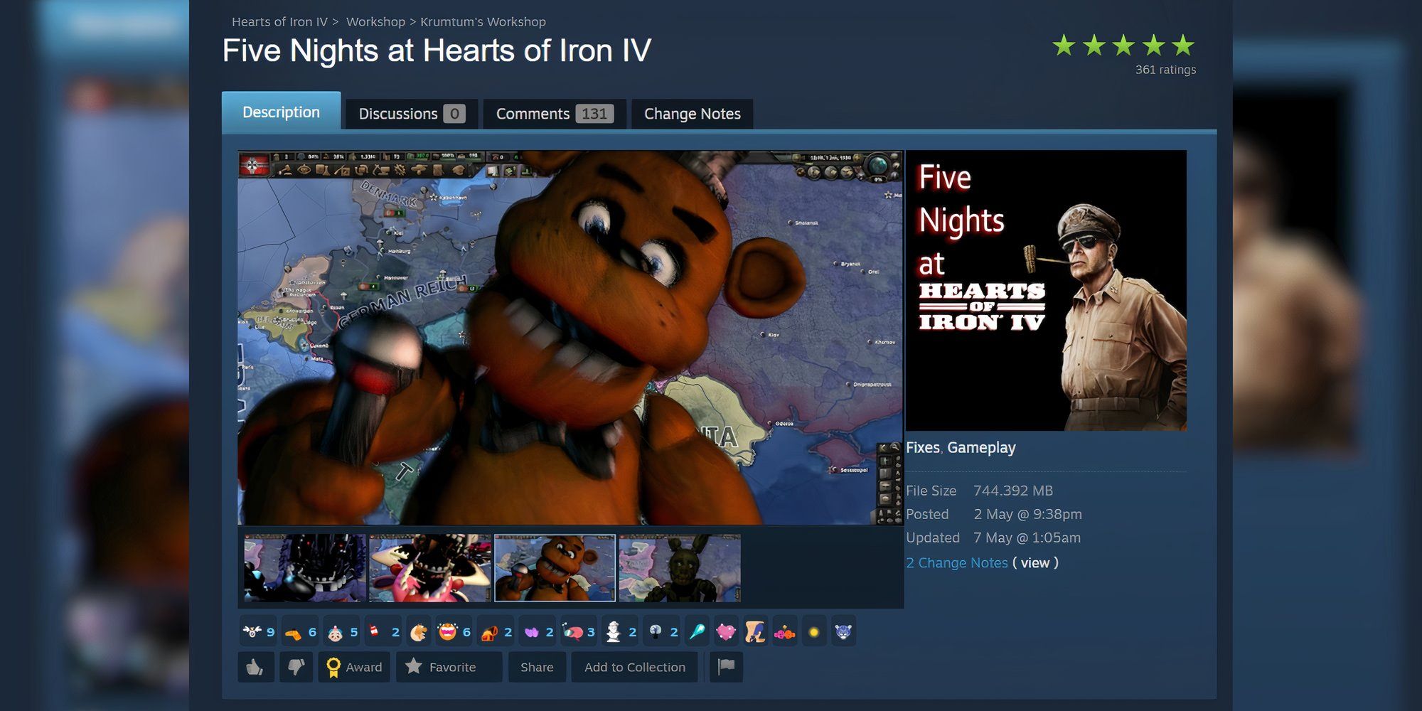 Screenshot showing the Steam page for the Five Nights at Hearts of Iron IV mod page.