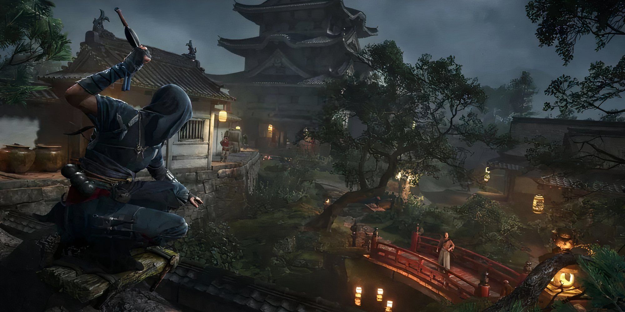 Still from Assassin's Creed Shadows of Naoe crouching on a rooftop over a Japanese town holding a kunai.