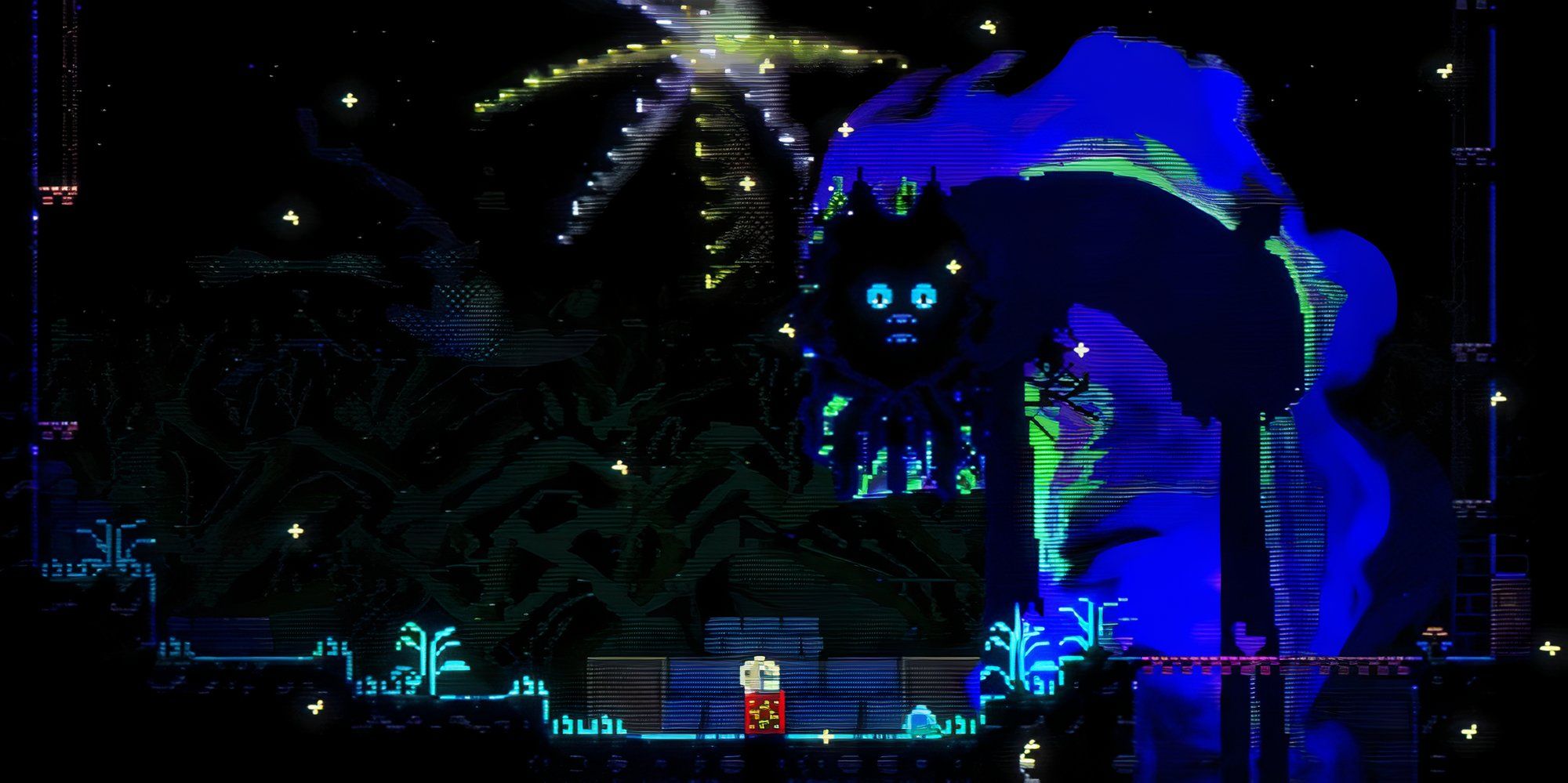 Still of The Manticore hovering over the blob in Animal Well.