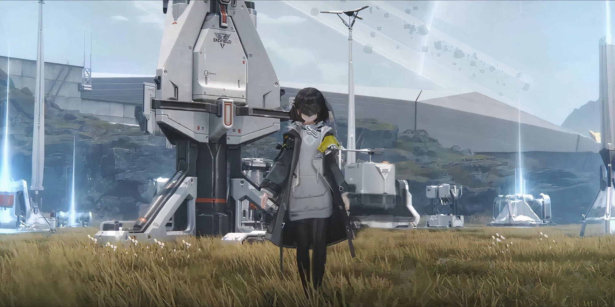 Protagonist from Arknights: Endfield walking through a field in front of a base,