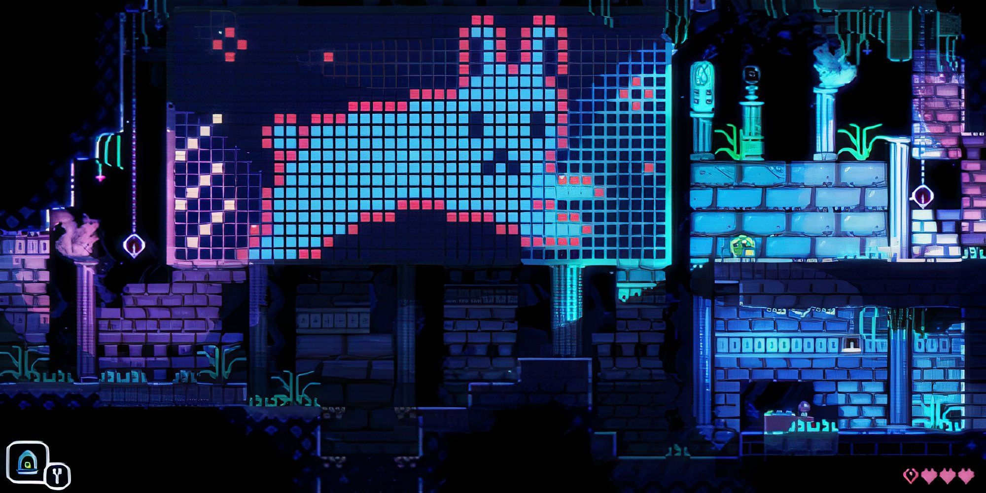 Still from Animal Well of the Pixel Bunny Puzzle in an underground labyrinth with neon colors.