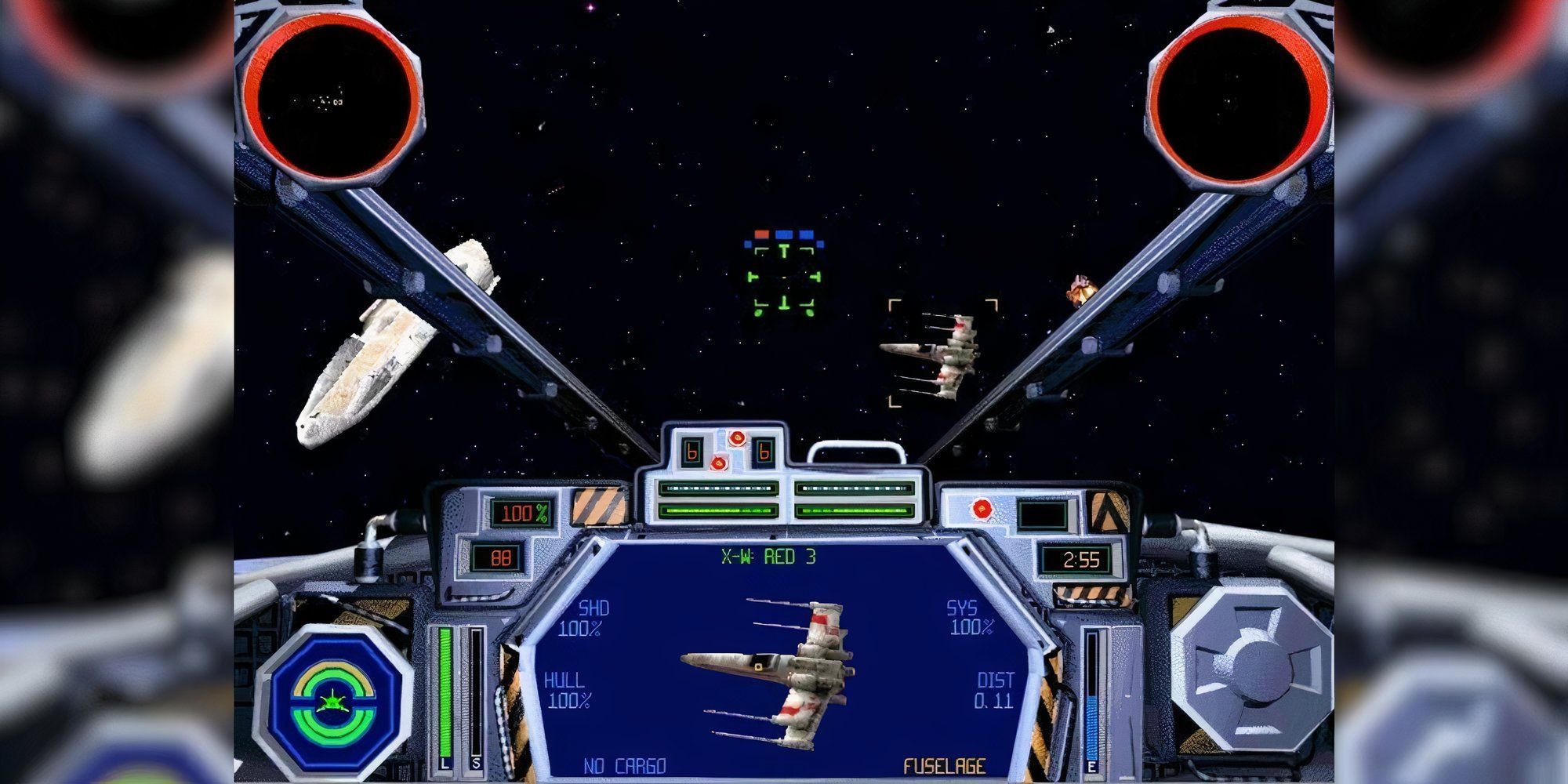 Still from Star Wars: TIE Fighter showing the pilot's deck of a spaceship.