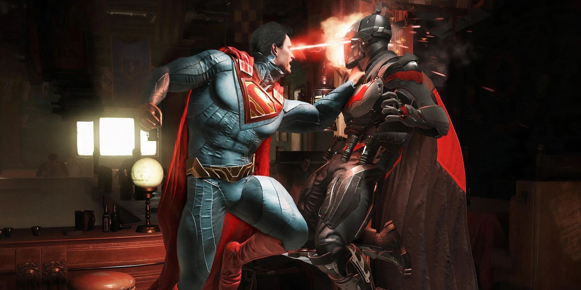 Still from Injustice 2 of Superman shooting his laser eyes at Batman Beyond.