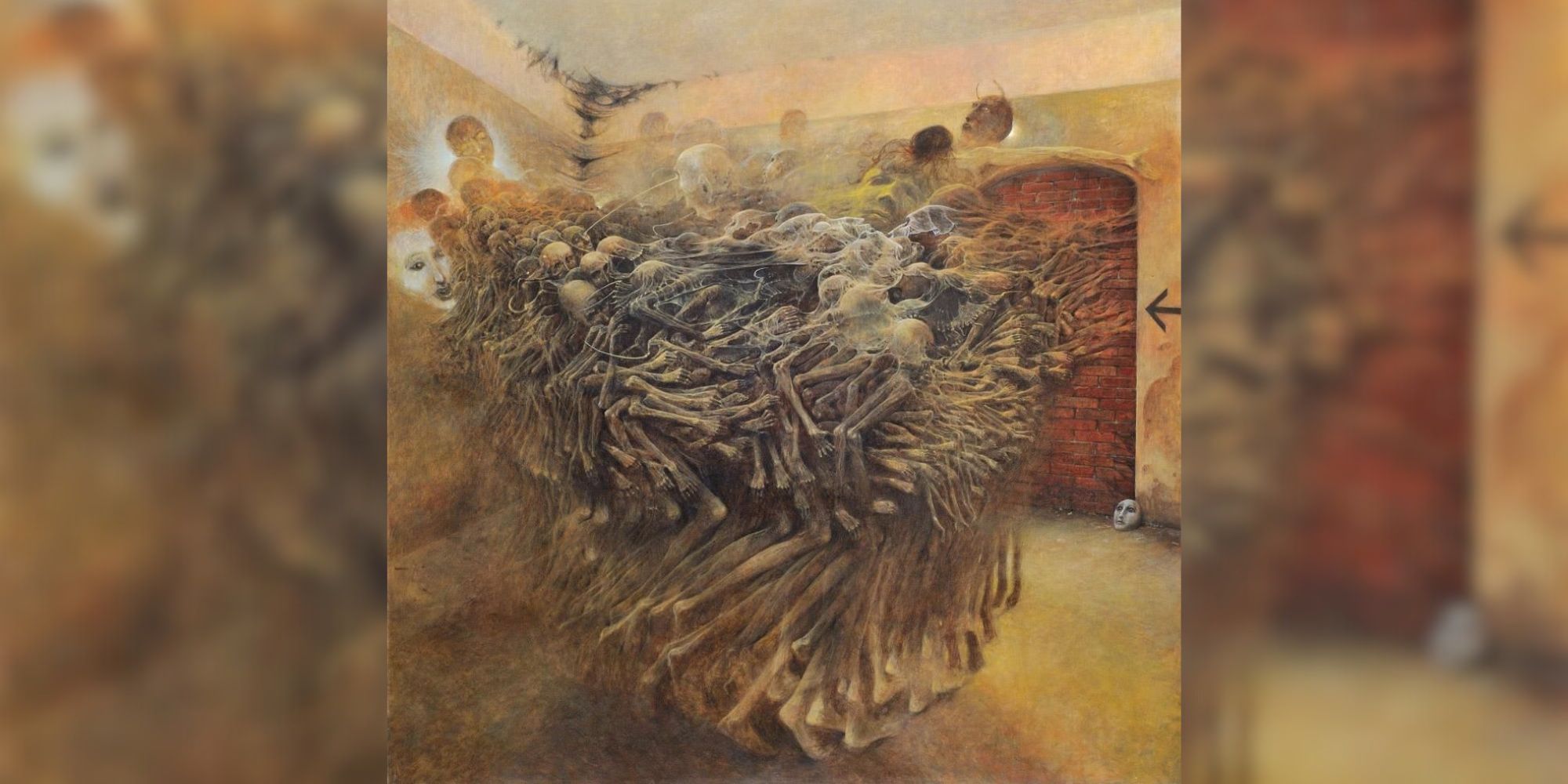 Screenshot of a Zdzisław Beksiński painting showing a cluster of skeletal bodies in the middle of a room.