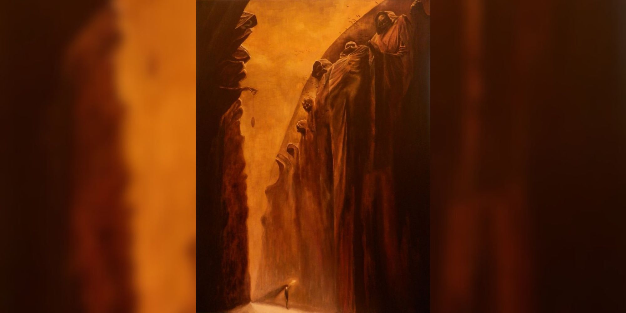 Screenshot of a Zdzisław Beksiński painting featuring a person walking down a pathway of towering grim reapers.