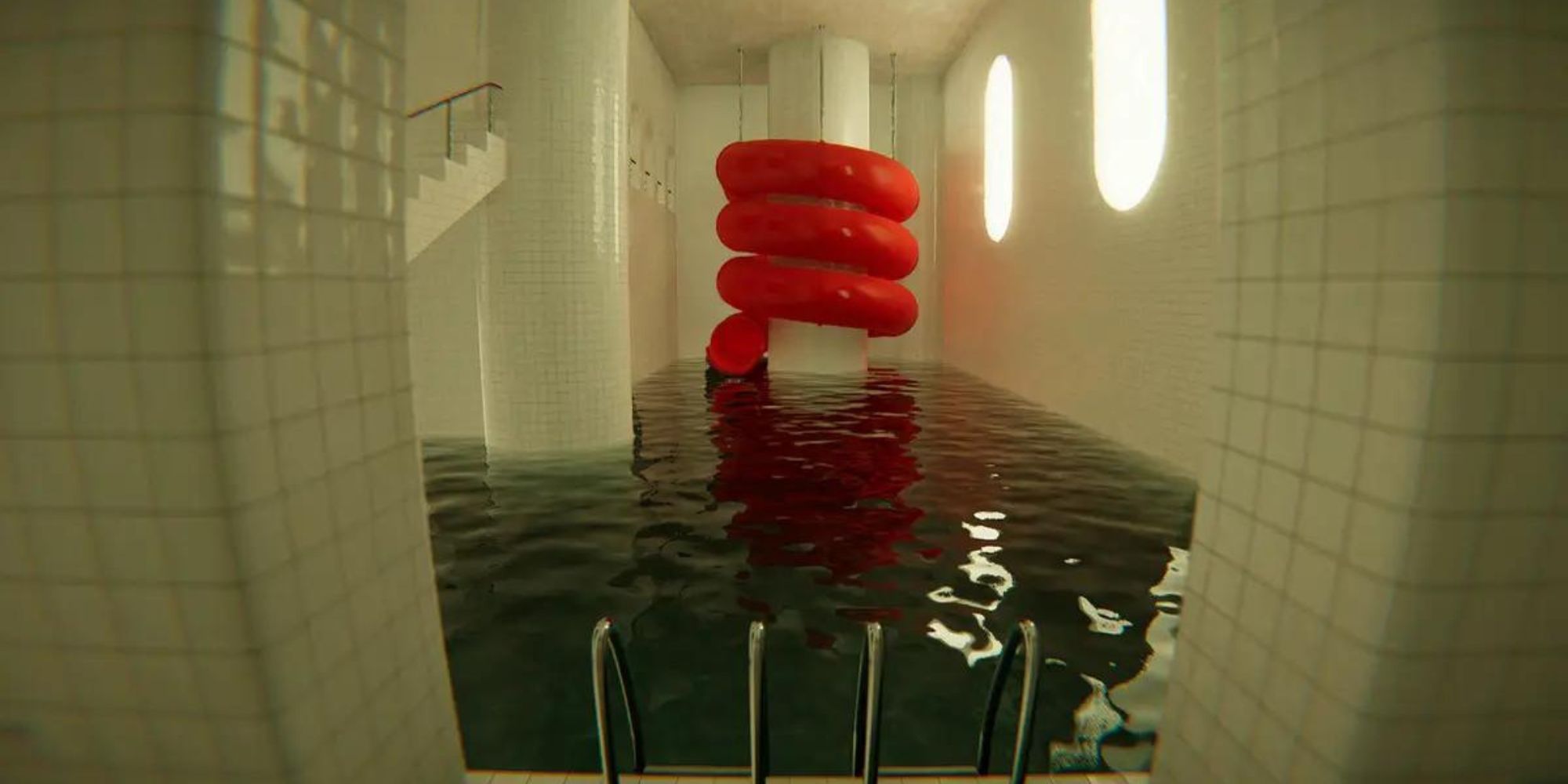 Still from Pools of a red flume wrapping around a white pillar within a swimming pool.