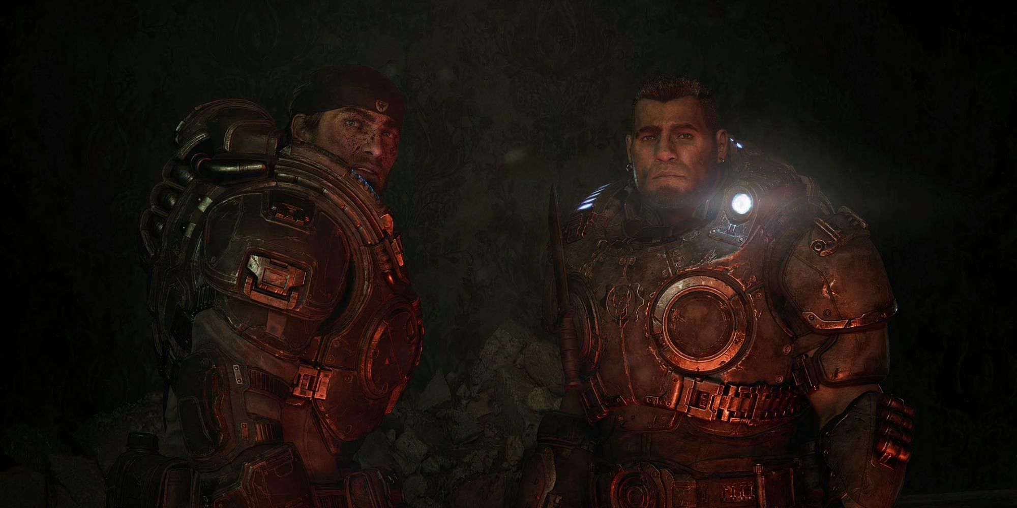 Still from the Gears of War: E-Day trailer of Marcus and Dom in armor.