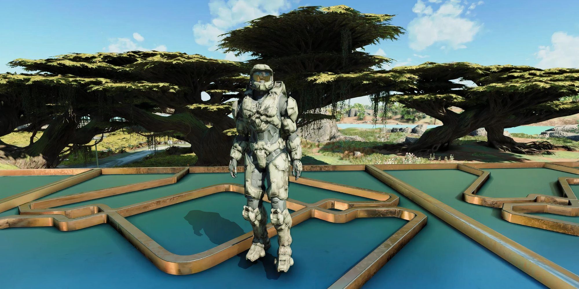 Still of a Master Chief armor skin standing on a blue and cold platform from a Starfield Mod.