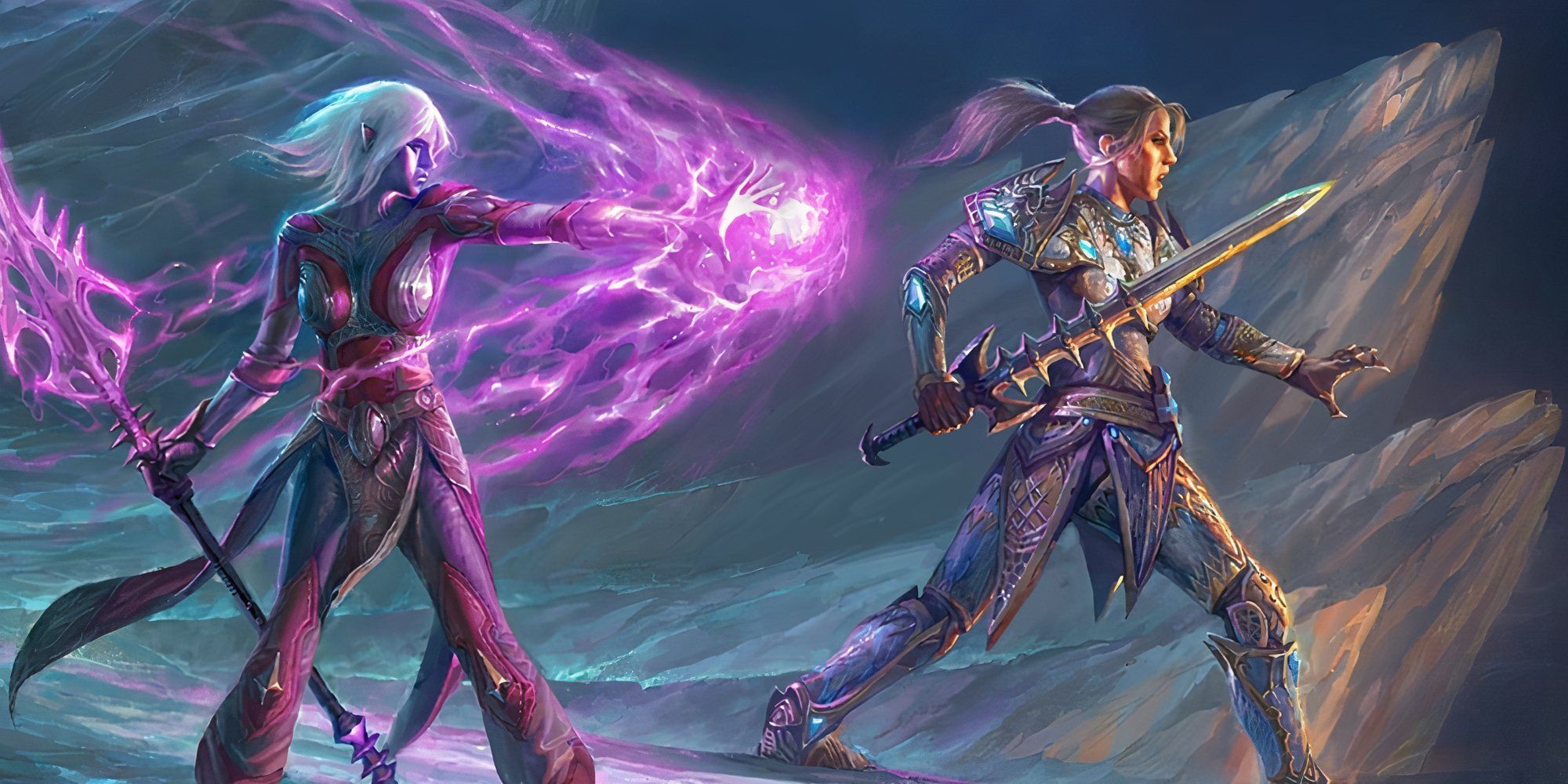 Promotional still from EverQuest 2 of two characters fighting side-by-side with a sword and magic.