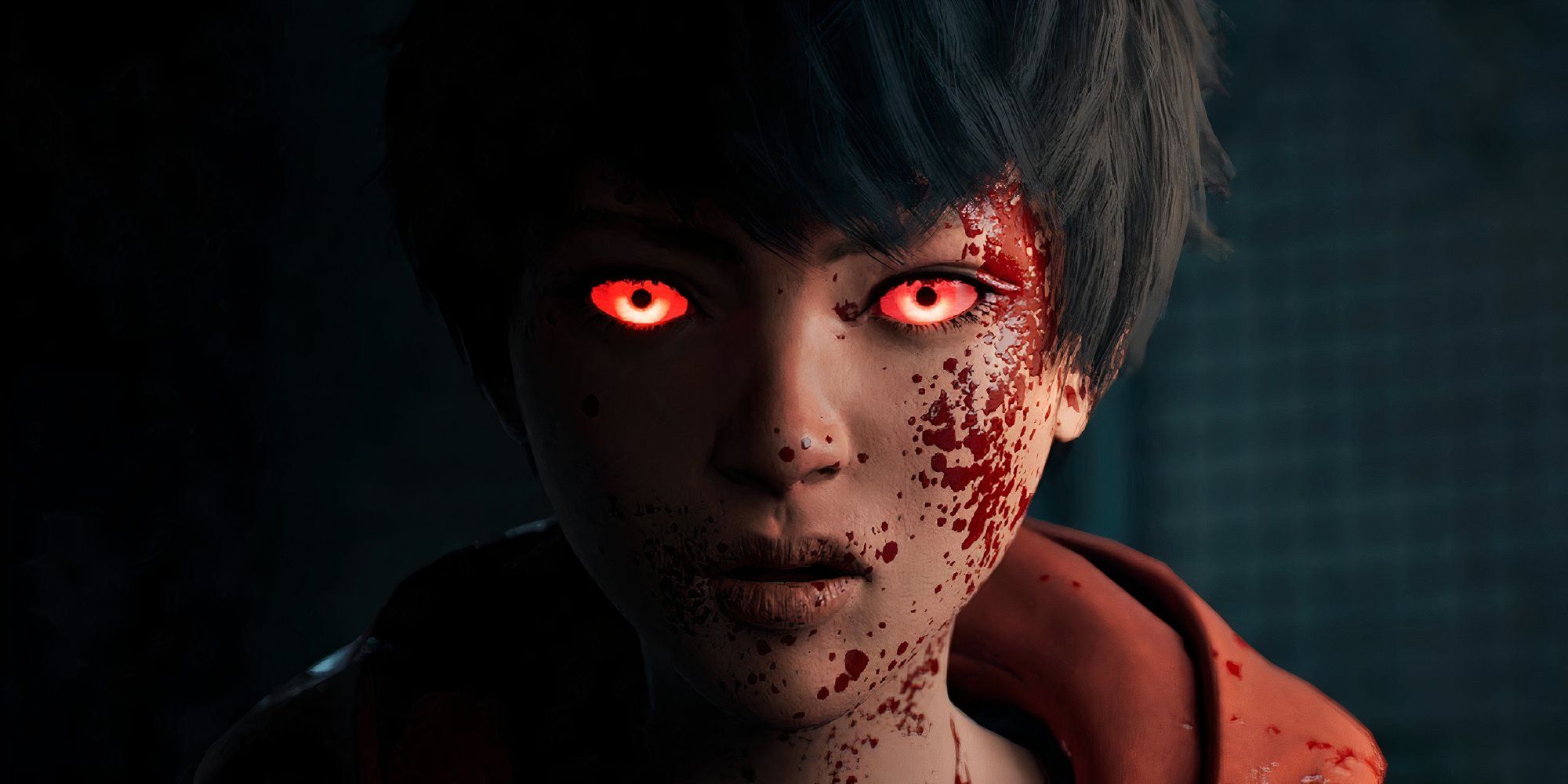 Still from Slitterhead of a boy with glowing red eyes and blood splattered on his face.
