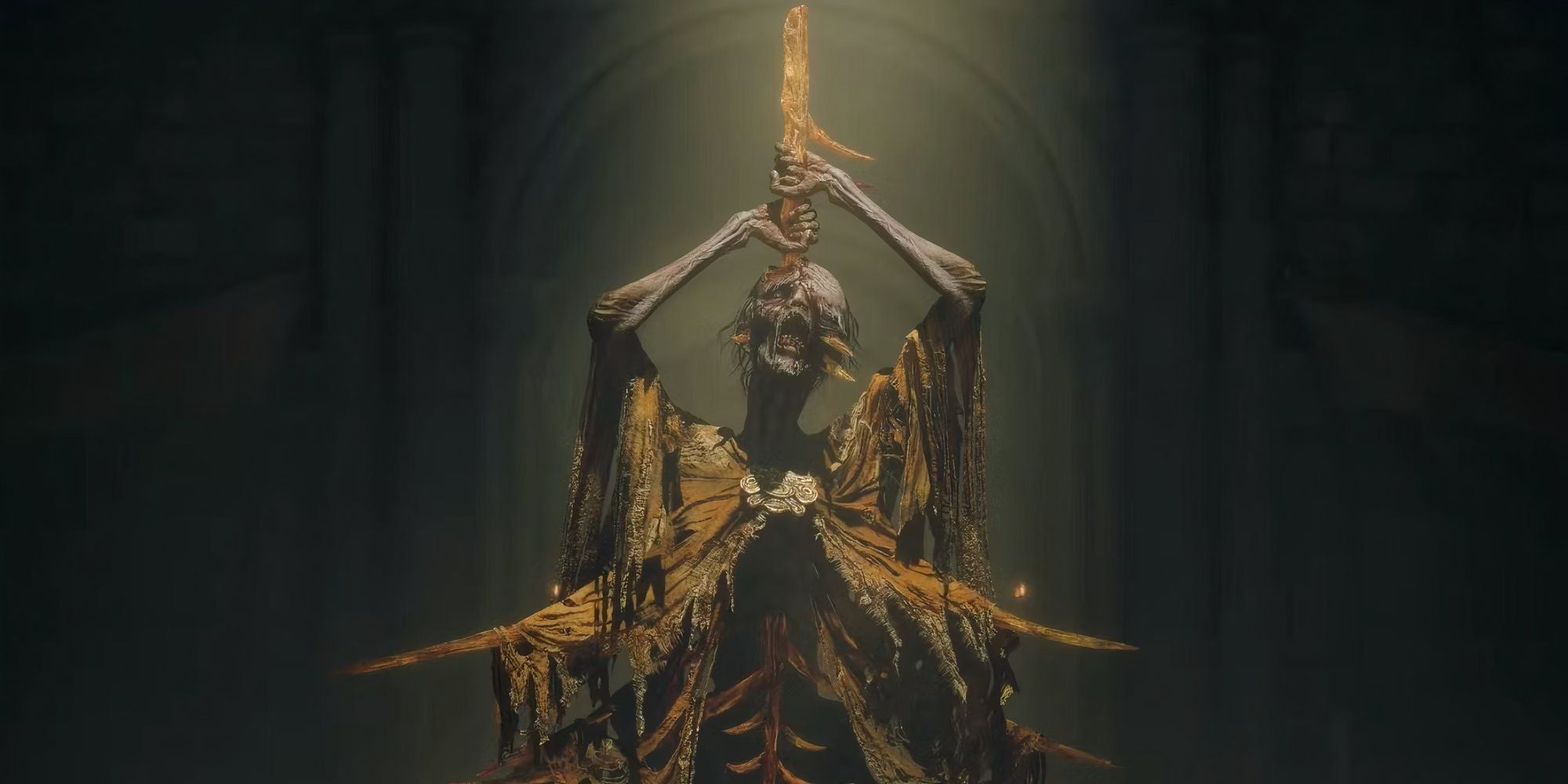 Still from Elden Ring of a skeletal boss pulling a blade from its head.